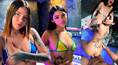 Su chica monta un trío muy intenso dentro de la piscina