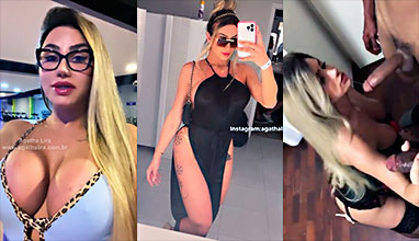 Transexual Agatha Lira tragando 2 pollas con mucha facilidad