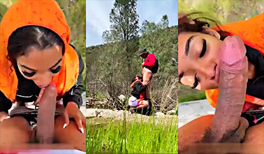 I can’t stand the urge and she swallows that thick cock in the forest